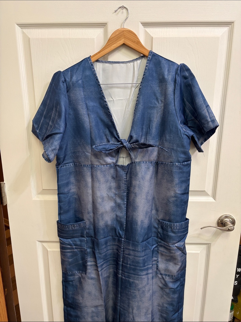 Smock Washed Blue Cropped Tie-Front Jumpsuit wide leg
